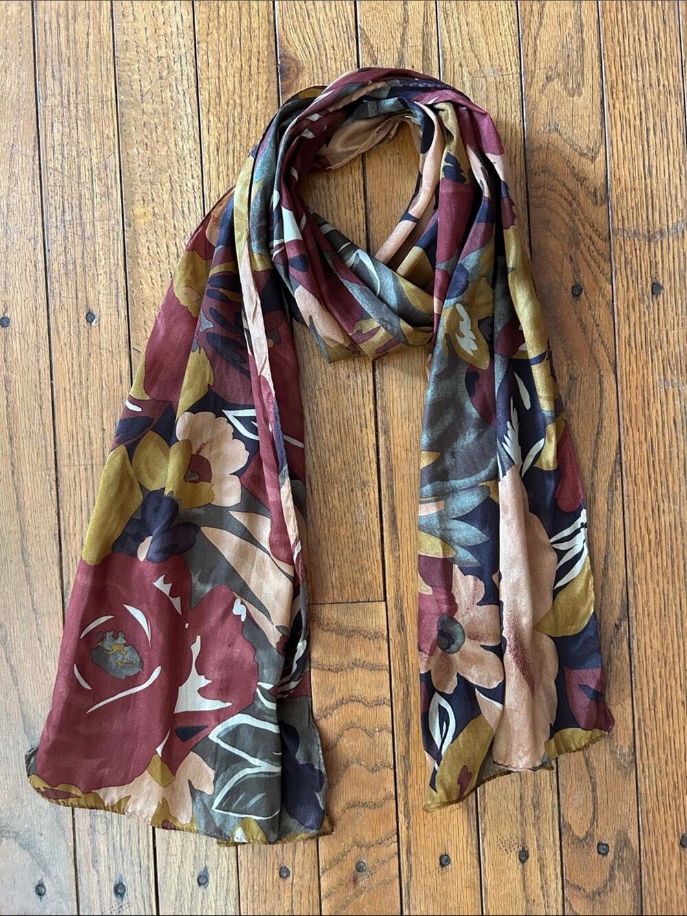 Vintage Axcess Burgundy Floral 100% Silk Scarf w/ Mustard & Olive Green Details